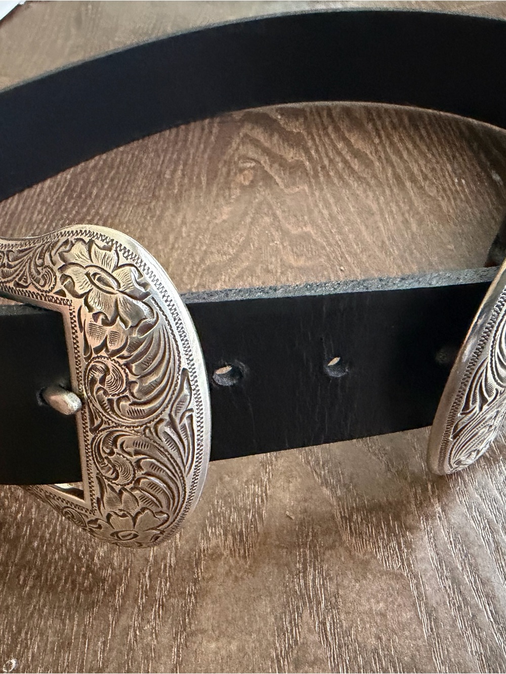 Black Leather Western Belt with Decorative Silver Buckles